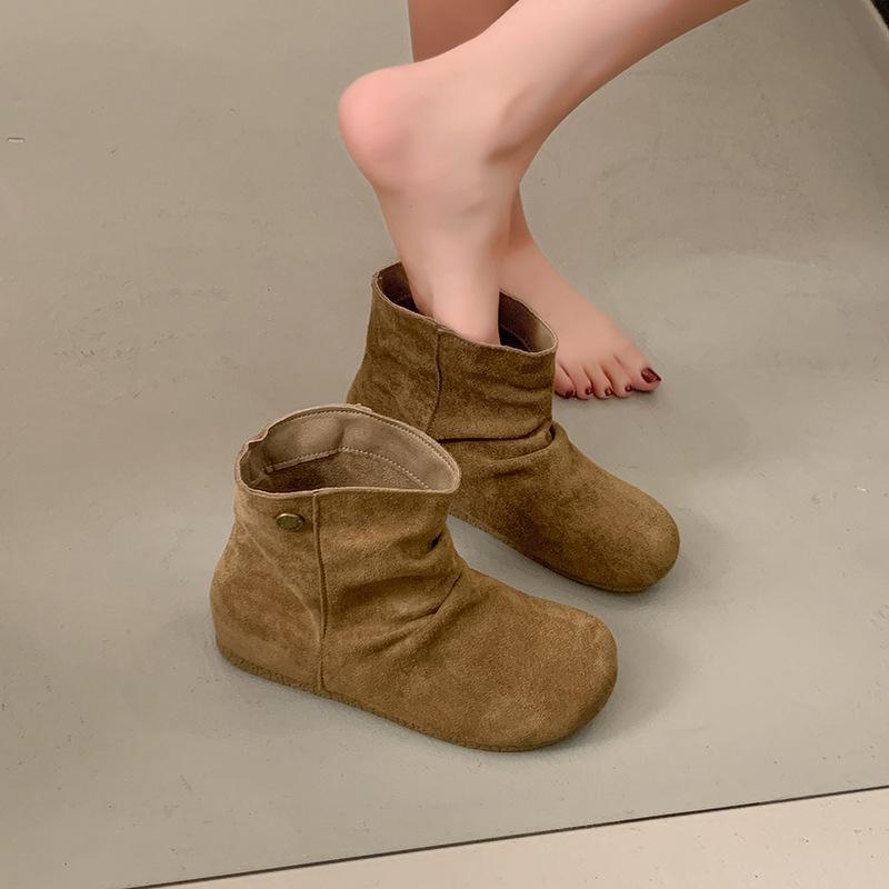 Frosted Leather Folded Martin Boots Women's Short Boots Autumn Round Head Flat Bottom Pile Boots Women's Boots Short Boots