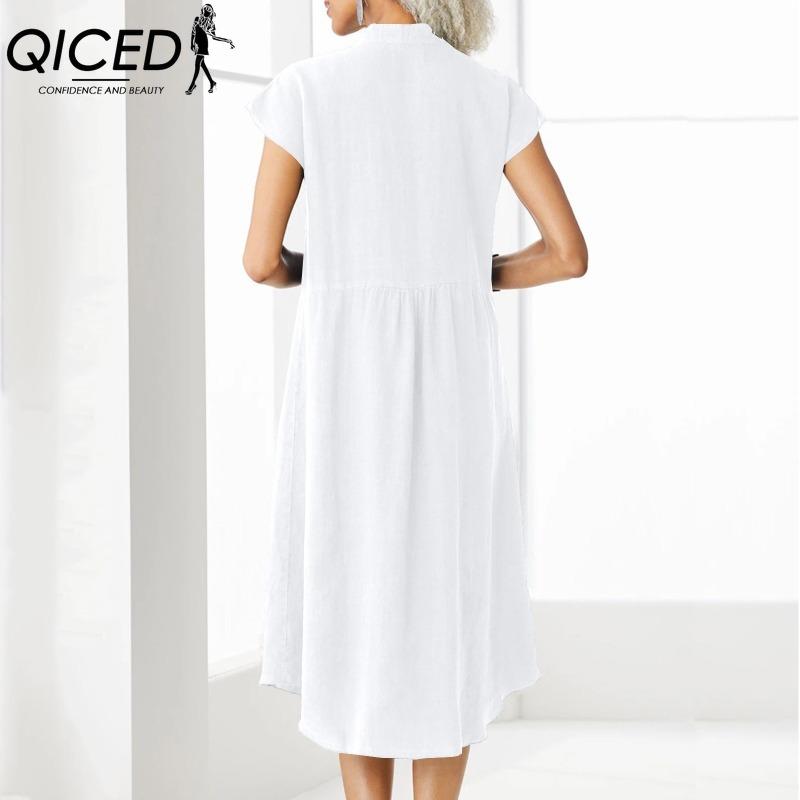 QICED Kadın Modası Yaz İlkbahar Düz Renk Baskılı POLO Yakalı Yüksek Bel Günlük Elbiseler