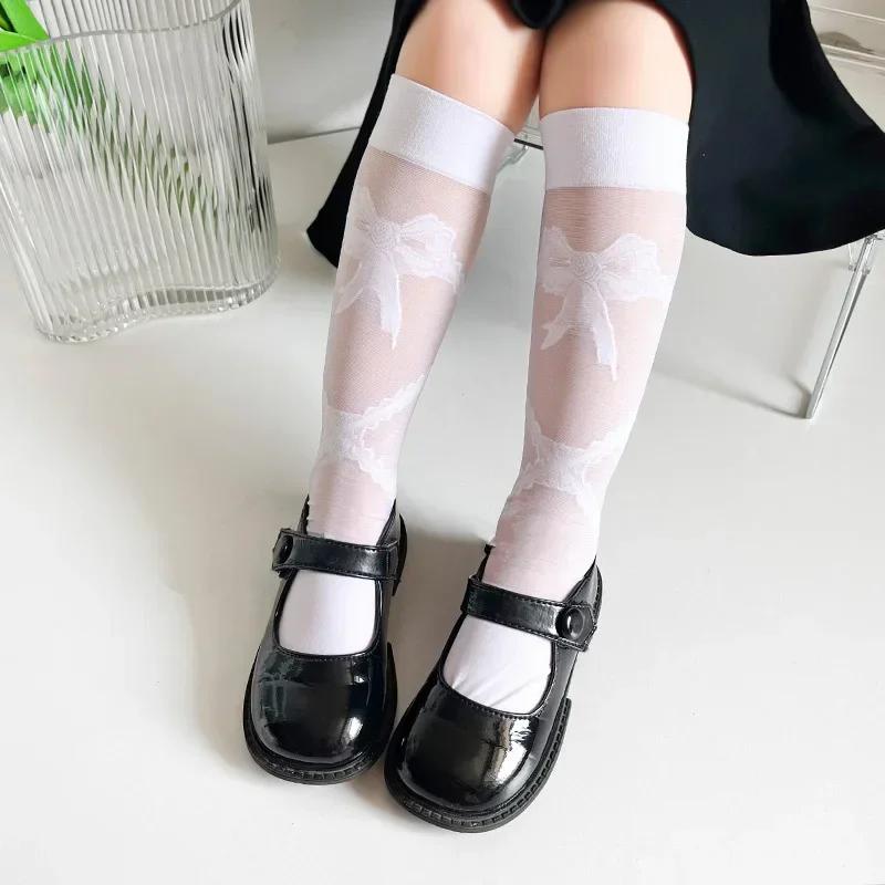 1 Pair Sweet Kids Girls Calf Sock Fashion Bowknot Heart Style Knee High Sock for Toddler Summer Thin Soft Elastic Sock One Size