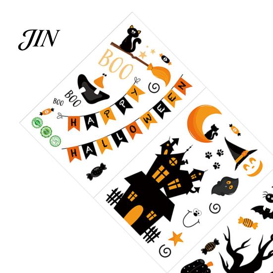 Cartoon Pumpkin Window Cling 4 Sheets Halloween Electrostatic Glass Stickers, Pumpkins Castle Bats Bright Color Decals PVC Waterproof Static