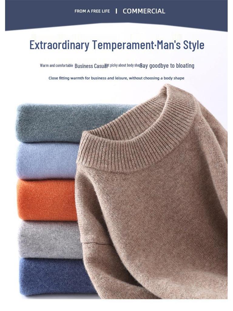 2025 Men's Pure Wool Half-High Neck Pullover Sweater - Warm Fashionable Knitwear for Young Adults