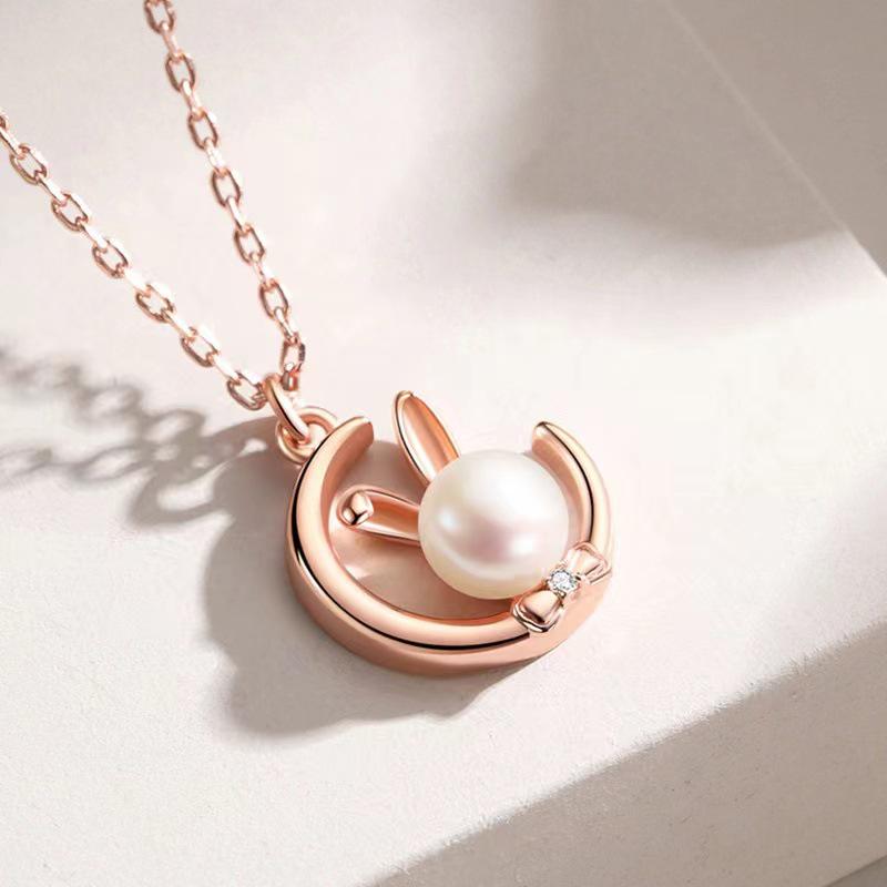 Elegant Moon Rabbit Pearl Necklace with Zircon Pendant - Zodiac Clavicle Chain for Women