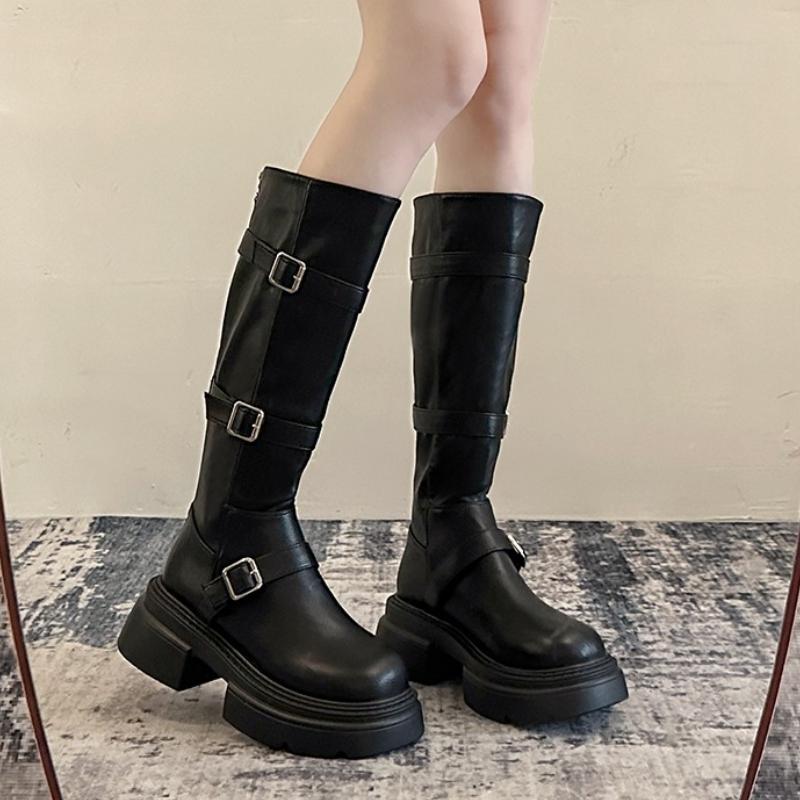 Punk Style Thick Heel Woman Knee High Boots Fashion Belt Buckle Zippers Shoes Female Knight Booties Shoes
