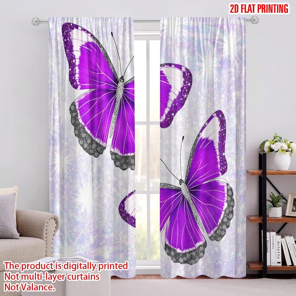 2D flat printing 2pcs Curtain Window Treatment Curtains Purple Butterflies with Sparkles Digital Printed Polyester Drapes