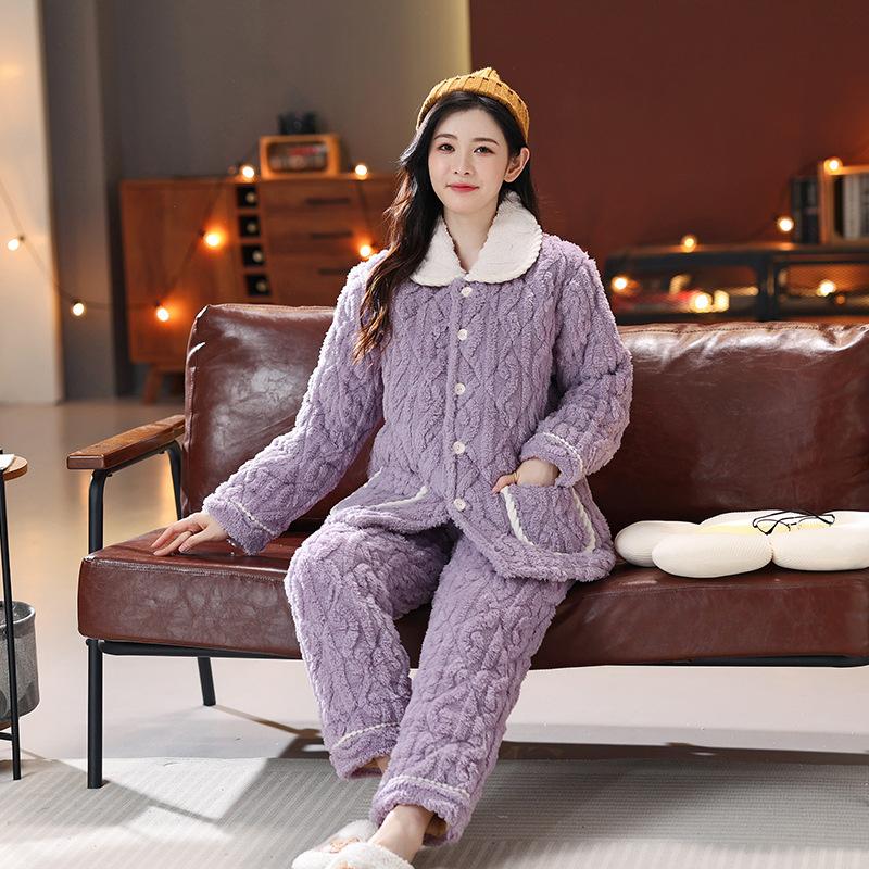 Pajamas Women's Winter Three-layer Thickened Padded Jacket Coral Fleece Lapel Super Warm Can Be Worn Outside Loungewear