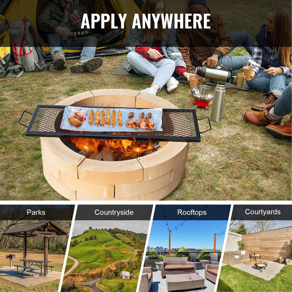 X-Marks Fire Pit Grill Grate, Rectangle Cooking Grate, Heavy Duty Steel Campfire BBQ Grill Grid with Handle & Support X Wire, Portable Camping