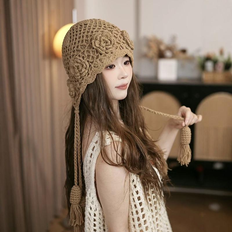 Herbst- und Winter-Doppellagen-Handhäkel-Strickmütze Böhmische Wollmütze mit Fransen Literarischer Mode-Trendhut