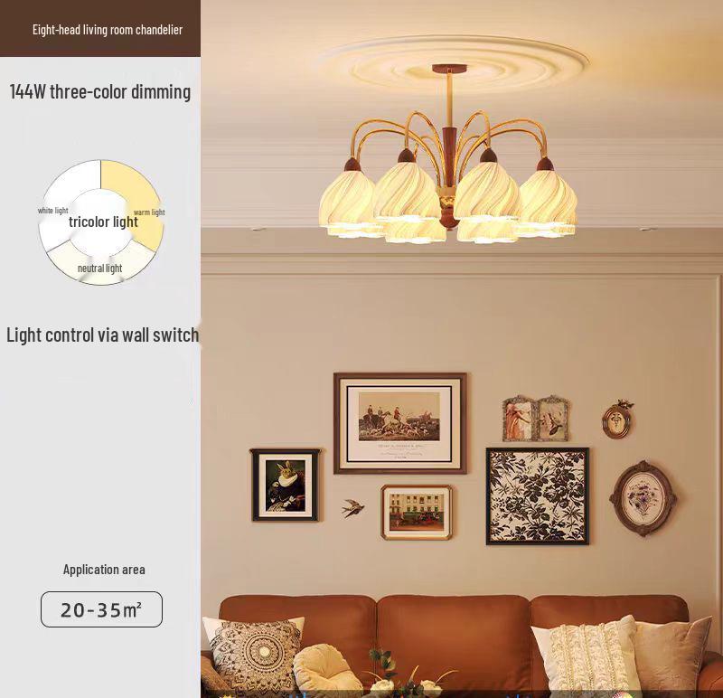 Romantic French Cream Chandelier for Living Room, Retro Walnut Pendant Light for Bedroom or Dining Room. Eye-Protecting Style.