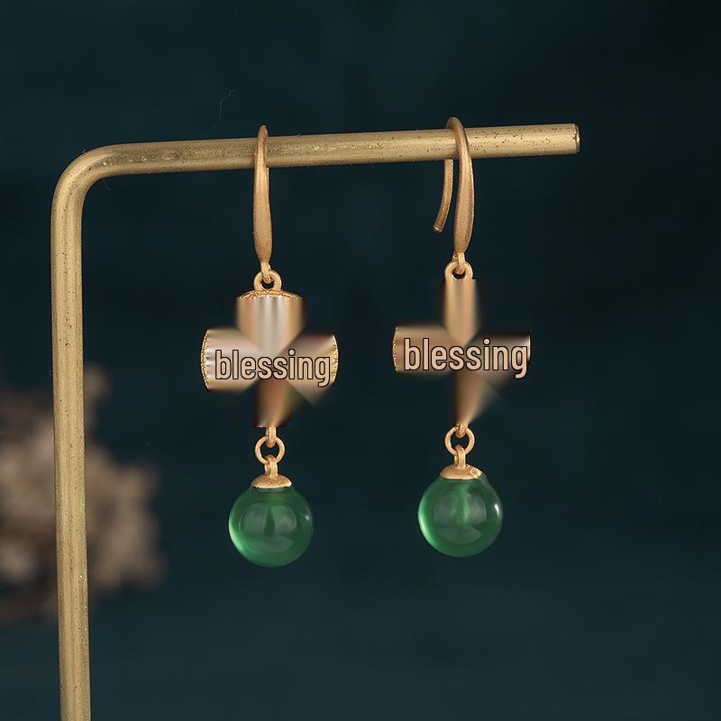 

2022 Festive Chinese Cloisonné Fu Chalcedony Agate Earrings