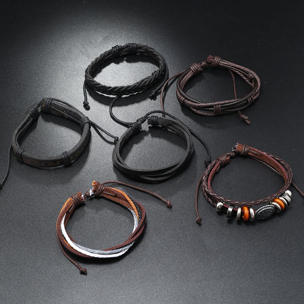 European and American Personalized Retro Men's Leather Bracelet Hand Rope Diy6-piece Set Cowhide Woven Retro Bracelet with Jewelry