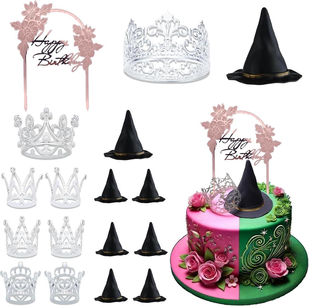 17 PCS Witch and Princess Theme Cupcake Toppers, Mini Witch Hat Silver Alloy Crown for Pink and Green Birthday Party Decorations