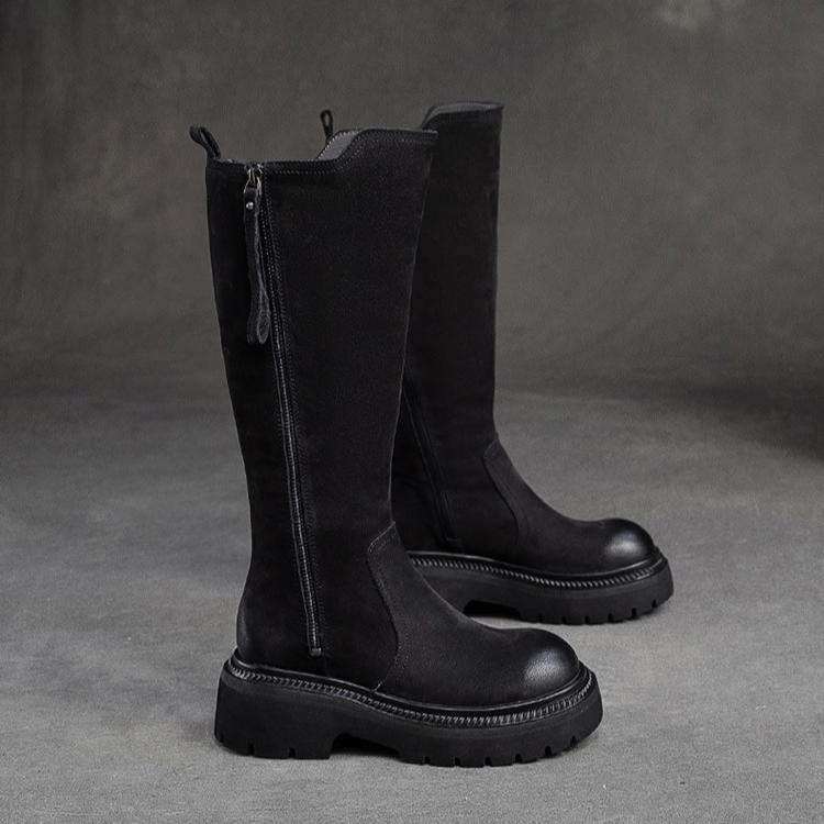Johnature Retro High Boots Genuine Leather Fashion Side Zipper Knight Boots Thick Soled Women's Shoes