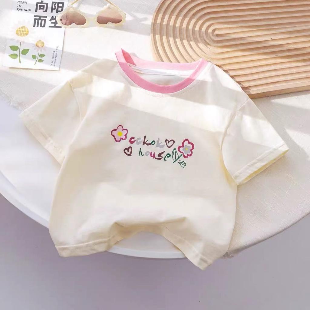 Girls' Loose Cotton Short-sleeved T-shirt, Children's Casual Top
