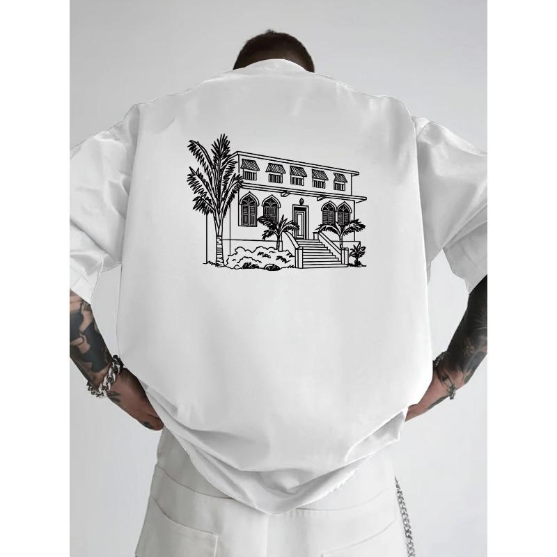 European Sizes Latest Style Men's T-Shirt with Villa Resort Print Elements, Loose Fit & Versatile / Breathable & Slimming / Stylish & Casual
