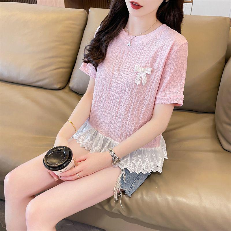 

Plus Size Women s Lace Patchwork Ballet T-shirt: Short Sleeve & Regular Shoulder, Slimming and Tummy Concealing. 2XL розовый