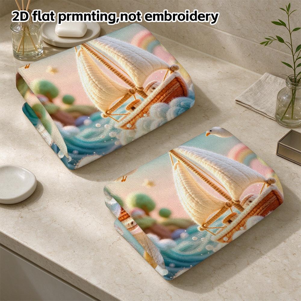 Woven Sailboat Ocean Print Bath Towel, Soft Absorbent Quick Dry Beach Towel, Seagull Wave Lighthouse Kids Towel
