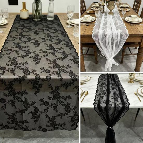 Yousheng French Lace Table Runner, Black & White Vintage Lace Runner for Coffee Table, Shoe Cabinet, Dining Table, Long Rectangular