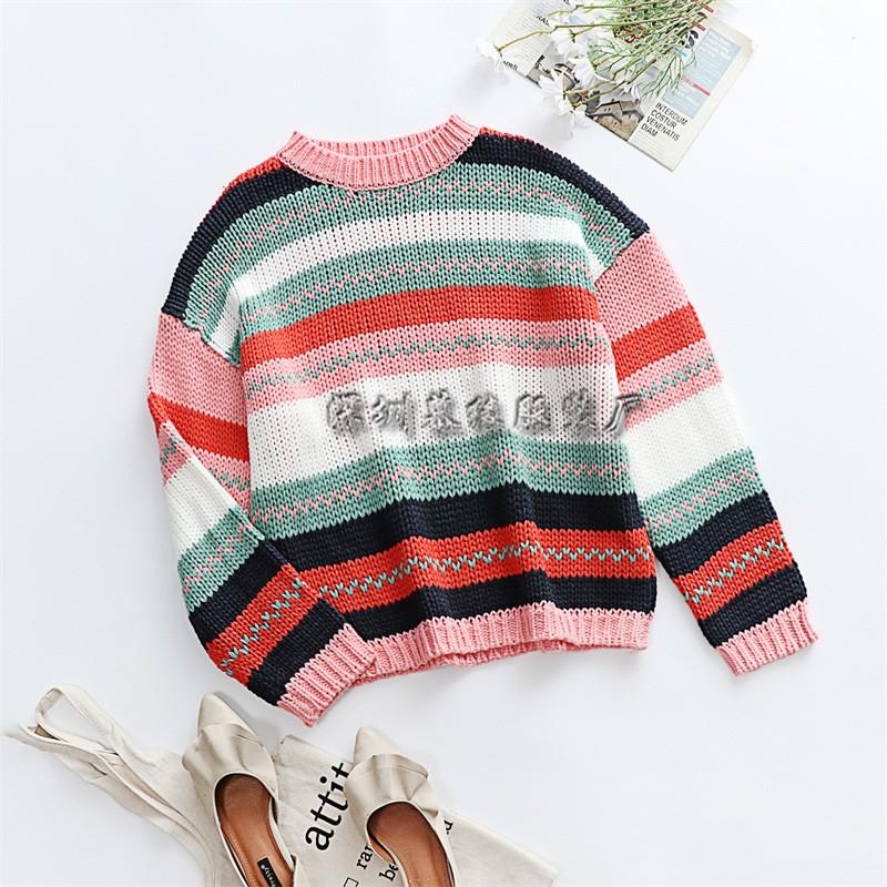 Womens Oversized Knit Sweater With Colorblock Stripe Design Round Neck Long Sleeve Loose Fit Casual Office Wear