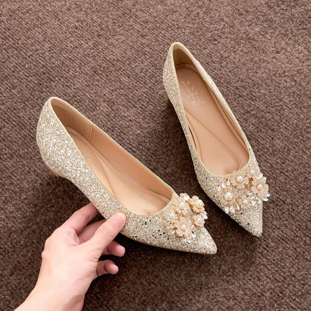 Rhinestone Buckle Wedge Heel Wedding Shoes - Women's Pointed Toe Flats with Inner Height Increase.