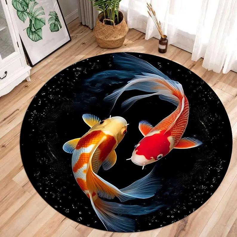 

Koi Carp Round Carpet Samurai Ninja Pattern Yin Yang Design Floor Area Rug Modern Daily Home Decor Mat for Living Room Bedroom 80cm x 80cm