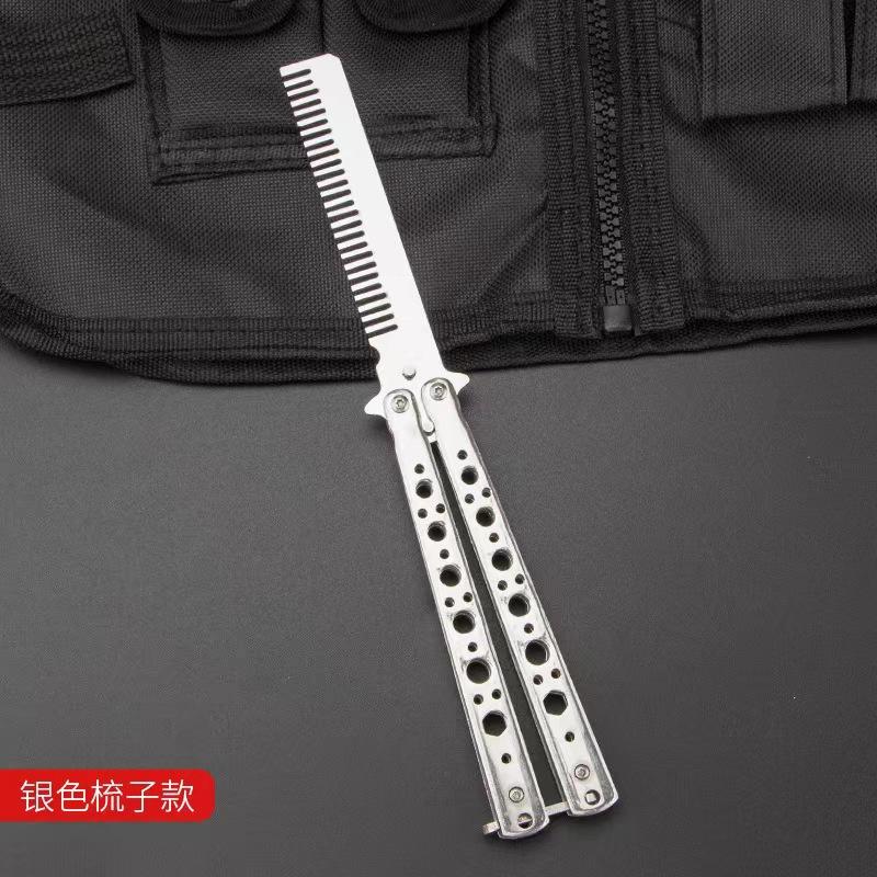 Professional Stainless Steel Folding Butterfly Knife Portable Training Beard Comb Hair Styling Tool for Salons and Practice Comb