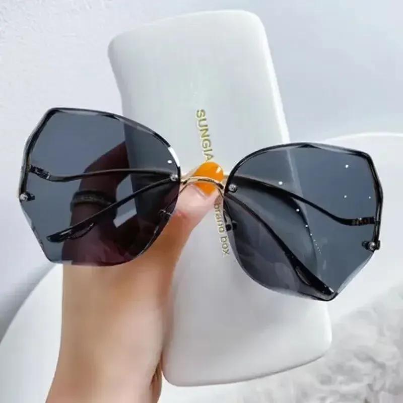 Irregular Round Sunglases Women Brand Designer Gradient Fashion Sun Glasses Female Rimless Metal Curved Temples Oculos De Sol