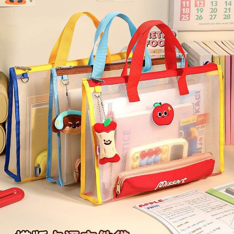 Cartoon Zipper Mesh Horizontal Tutoring Bag Handheld File Bag For Primary And Middle School Students