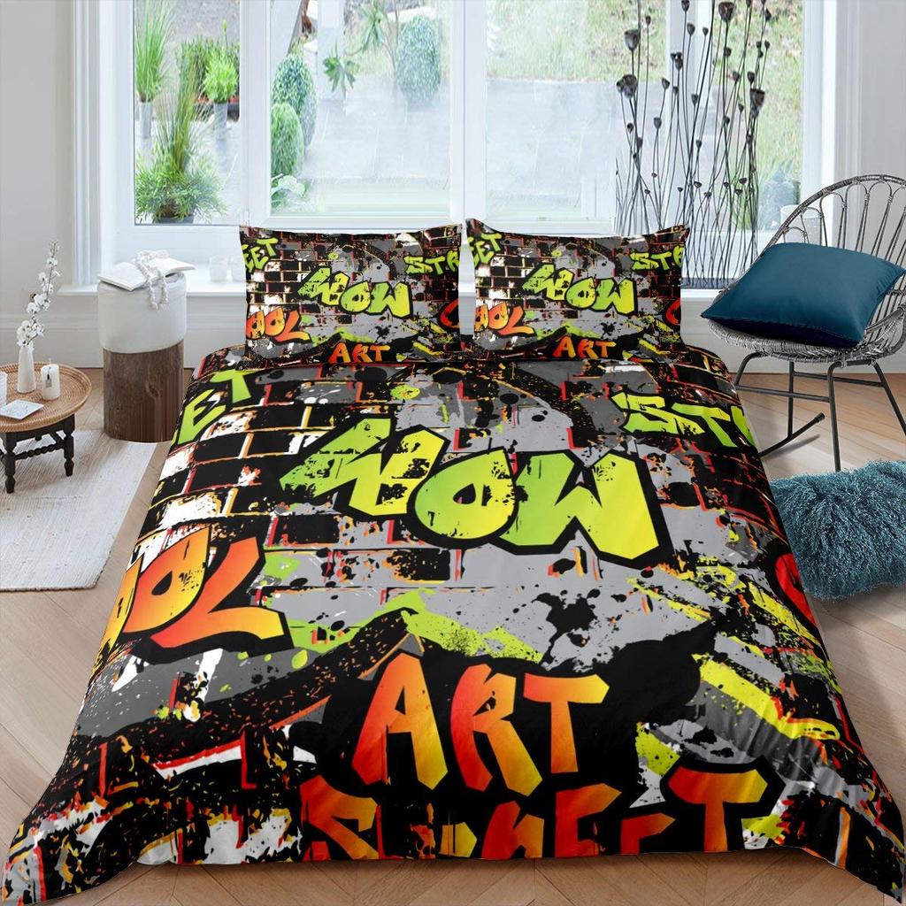 Hippie Graffiti Duvet Cover Hip Hop for Kids Teens Adults Wall Urban Street Art Theme Polyester Quilt Cover Bedroom Decorations