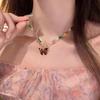 Color Zircon Butterfly Pendant Necklace Women's Summer Light Luxury Niche Design Sense Internet Celebrity Versatile Collarbone Chain Ot Buckle 