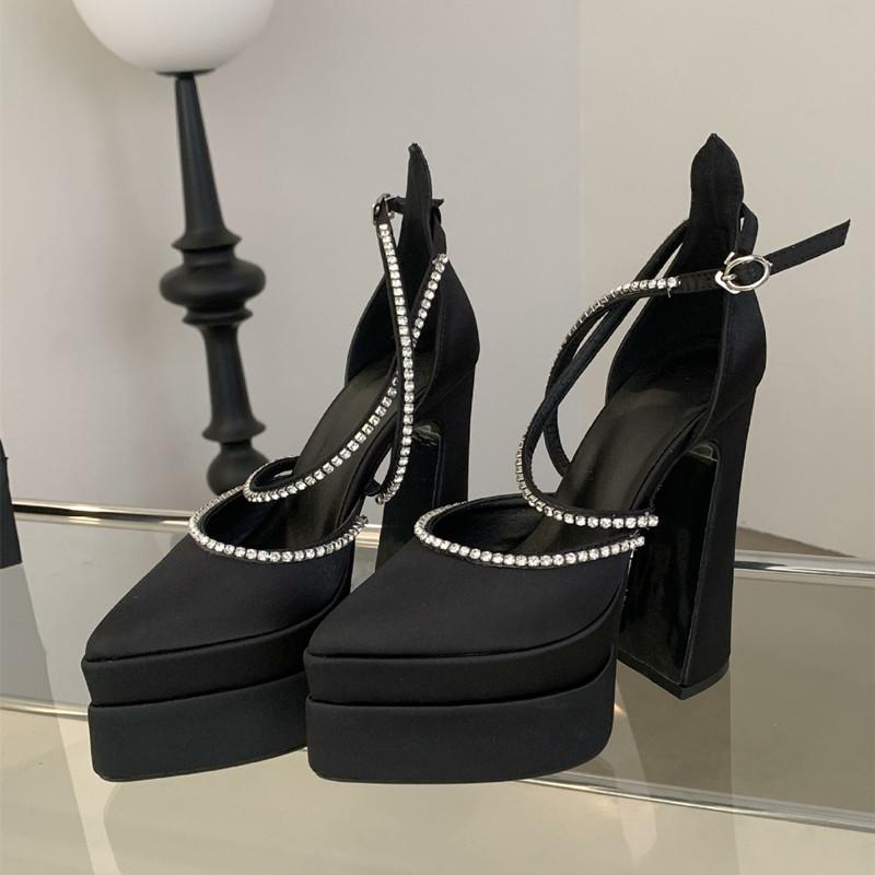 

Fashion Spring Autumn Fashion Satin Mary Janes Women Pumps Elegant Pointed toe Platform Wedges 15cm High heels Party Prom Chunky Shoes 42 чёрный