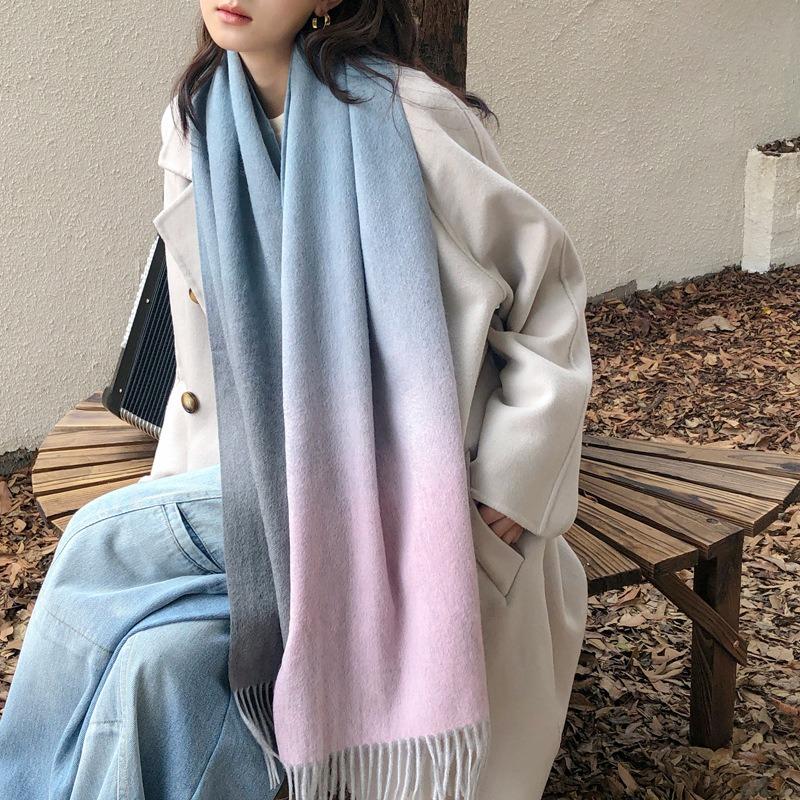 Gradual change color pure wool scarf women's winter versatile tassel long double-sided color large shawl dual-purpose new