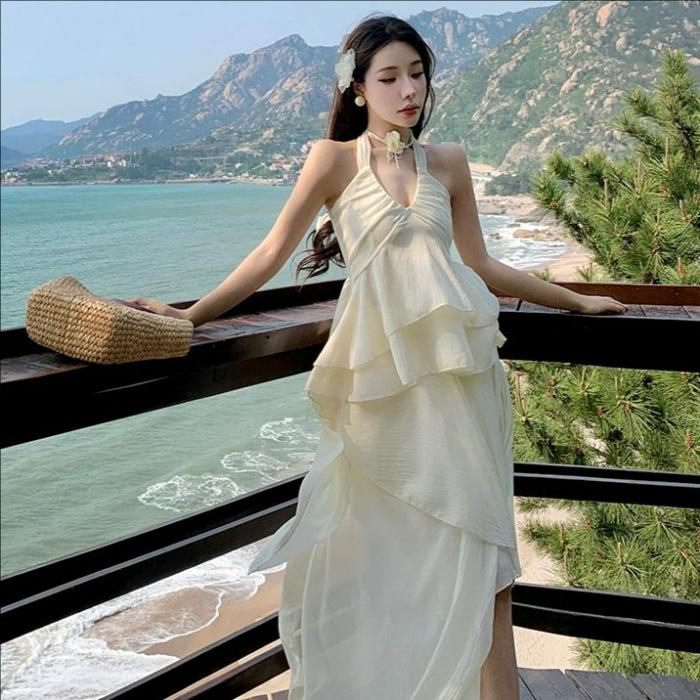 Fairy Suit, Summer Super Fairy Temperament, Seaside Vacation Dress, French Gentle Wind Irregular Neck Sling Skirt