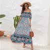 Abito midi da donna Boho per vacanze al mare, con spalle scoperte e maniche a sbuffo