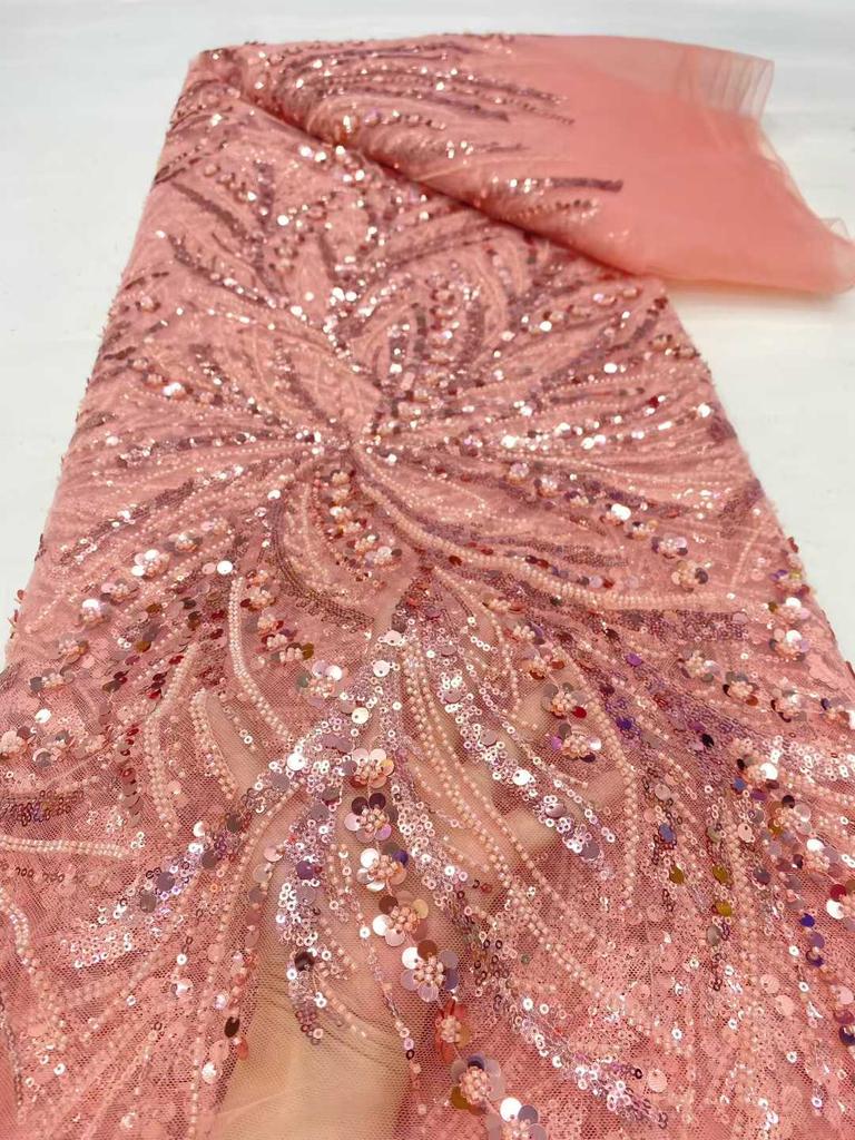 Orange Beaded Fabric Sequin Tulle Lace Embroidered Dubai New 2026 High Quality African Beads Embroidery Lace for Wedding Dress