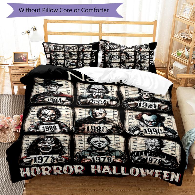 3pcs Custom Name Cartoon Horror movies Bedding Set Duvet Cover Closure Includes 1 Duvet Cover & 2 Pillowcases for All Seasons Bedroom Decor