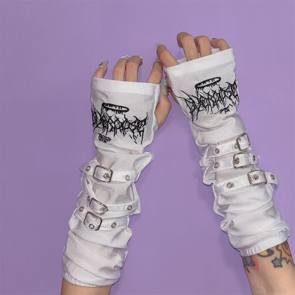 Gothic Embroidered Arm Covers Women Kawaii Japanese Harajuku Goth Half Finger Arm Warmer Y2K Gloves Arm Sleeve for Girls