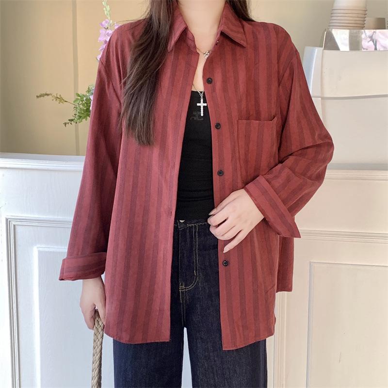 The Real Shot Is Not Reduced, and the Striped Simple Lapel Shirt Is Trendy for Women's Autumn New Casual Pocket Medium and Long-sleeved Tops.