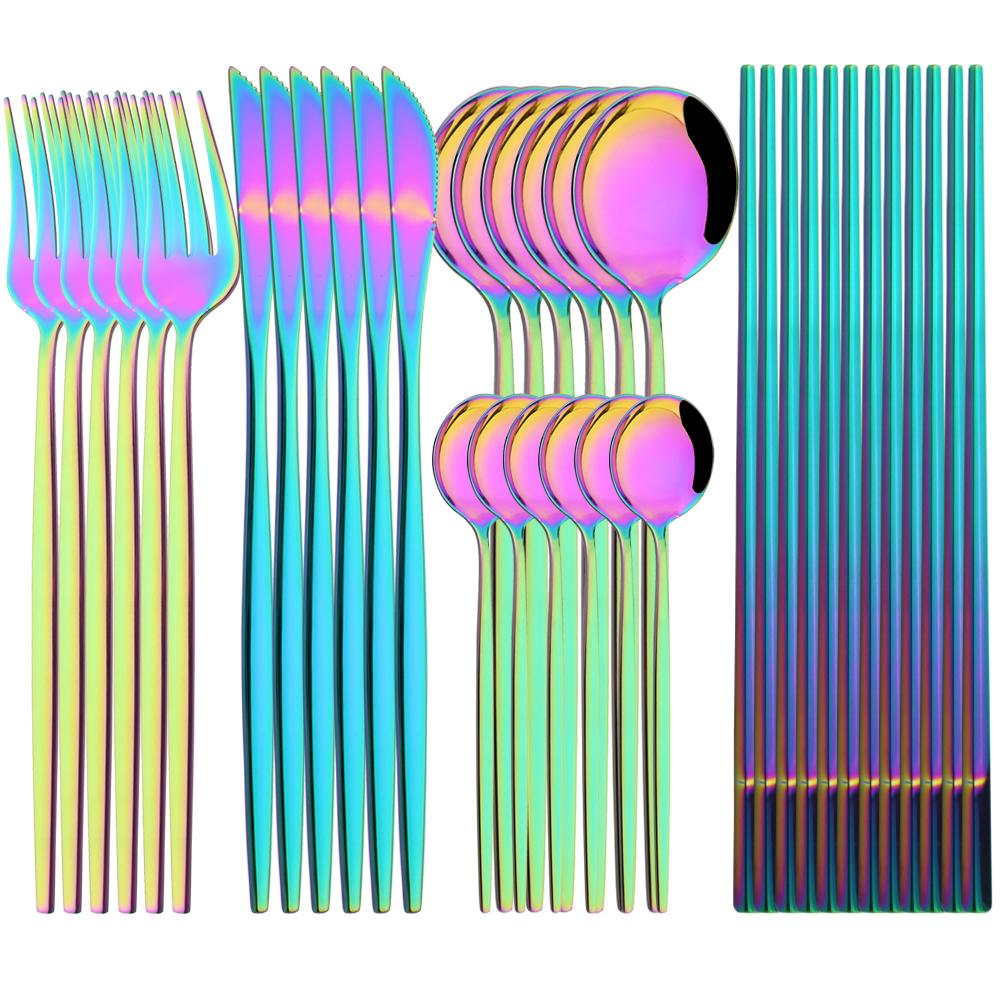 Jankng Western 30Pcs Dinnerware Knife Fork Spoons Chopsticks Cutlery Set High Quality Stainless Steel Set Kitchen Tableware Set