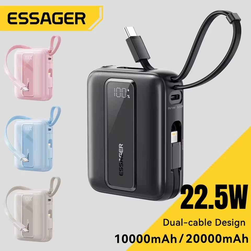 Essager 10000/20000mAh Type C Cable Power Bank PD 22.5W Fast Charging Phone External Battery for Xiaomi iPhone 16 15 14 Samsung iPad