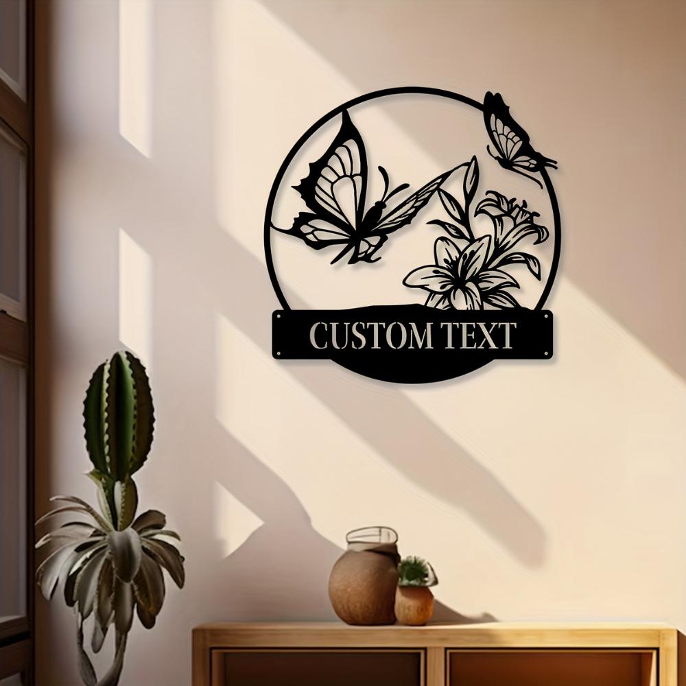 Metal Wall Art Butterfly Lily Design Custom Name Family Sign Contemporary Home Decor Wall Mounted