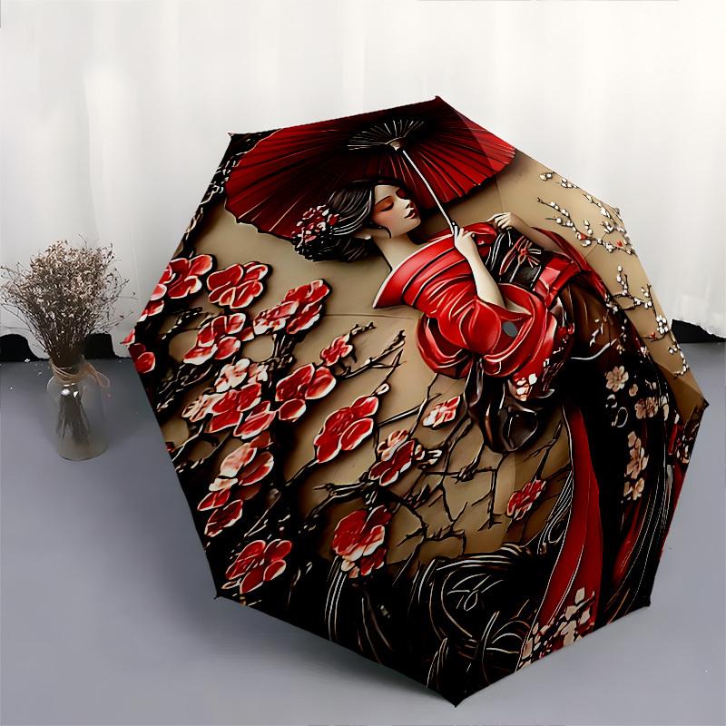 1 Stück Blumendruck, Kimono-Regenschirm mit 8 Eisenrippen und Kunststoffgriff, automatische Öffnung und Schließung, und täglicher Gebrauch.1106