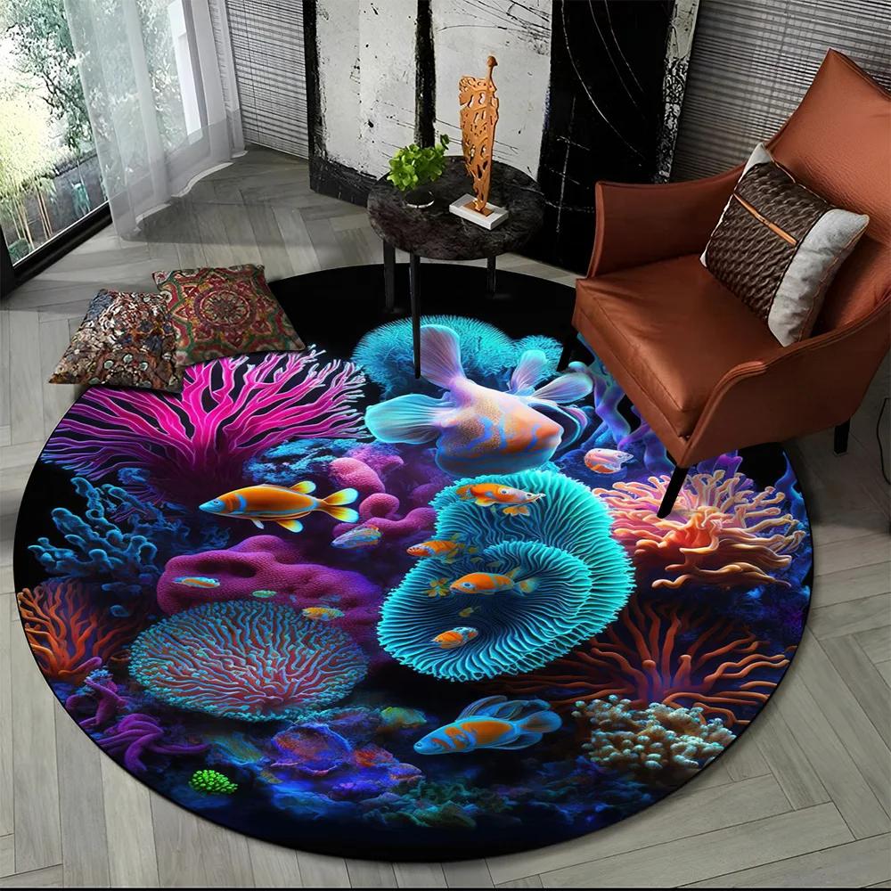 Underwater World Seabed Fish Dolphin Cartoon Round Carpet Rug for Living Room Bedroom Kids Decor,Pet Area Rug Non-slip Floor Mat
