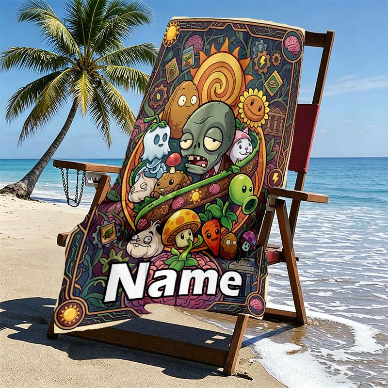 Custom Name Personalized Plants VS Zombies Print Beach Towel, for Trip Camping Beach Party Home Decor, Birthday Gift for Family & Friends