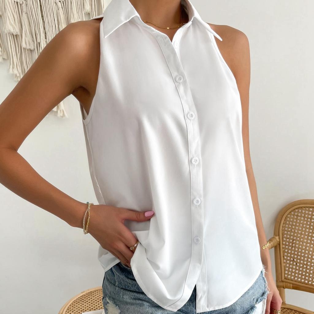 Summer Button Up Sleeveless Shirts Basic Casual Solid Color Women's Blouses & Shirts