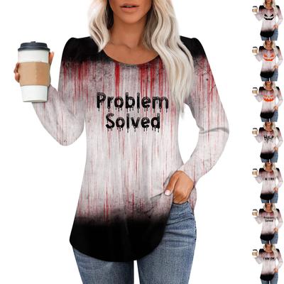 Women's Casual Top Halloween Printed Round Neck Long Sleeved Pleated T-shirt