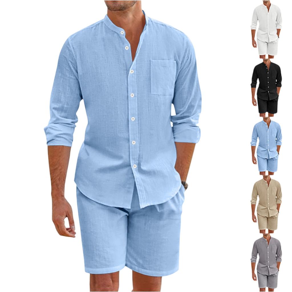 Men's Summer Hawaiian Button Shirt Shorts Set