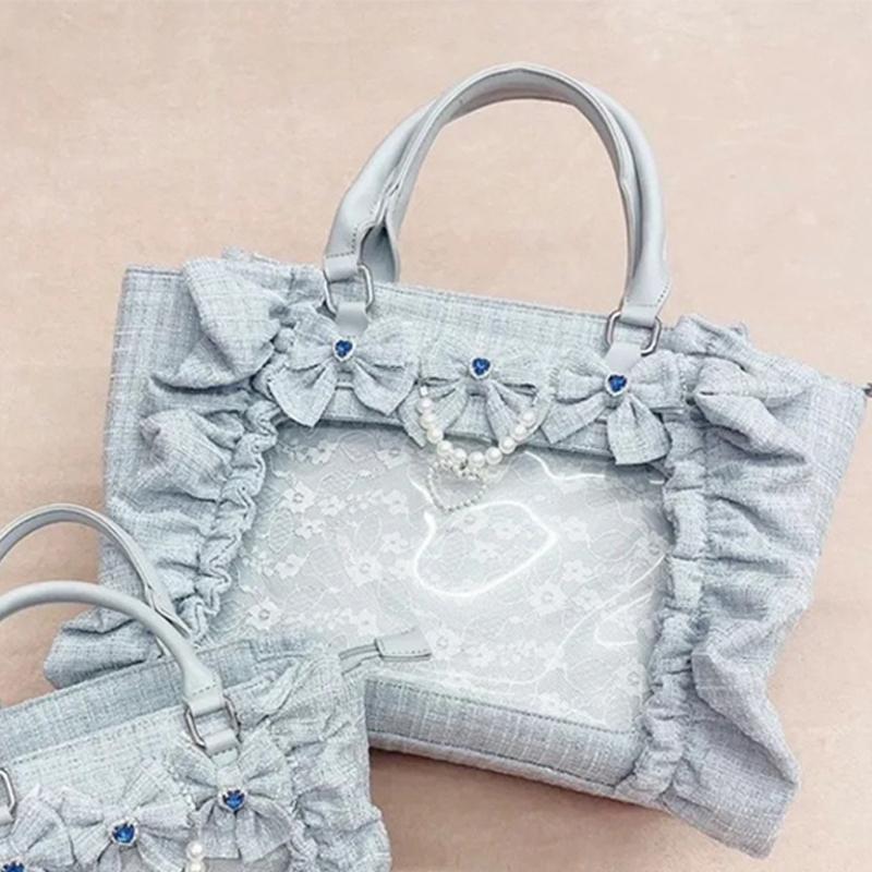 

Y2k Girls Large Capacity Ita Bag, Ruffle Bow Decor Preppy Style Handbag Jk Uniform Bag Japanese Transparent Pocket Tote Bag 32x9x23cm