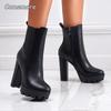 High Heels Stiefeletten Schwarz Mode Damen Dicke Plateau Frühling Herbst Seitenreißverschluss Damen Street Style Punk Schuhe Botas Mujer