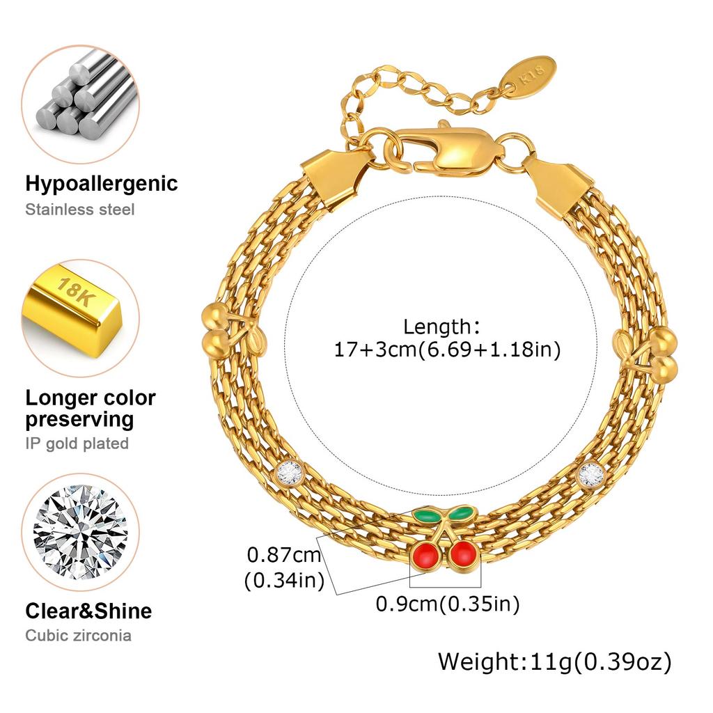 Cute Cherry White Zircon Bracelet for Women,18K Gold Plated Mesh Strap Chain Bracelets,Fashion Daily Jewelry Gifts