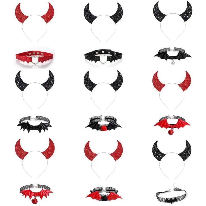 Gothic Dark Glitter Girls Choker Collar Rose Devil Wing Headband Set Gothic Bat Wing Versatile Choker